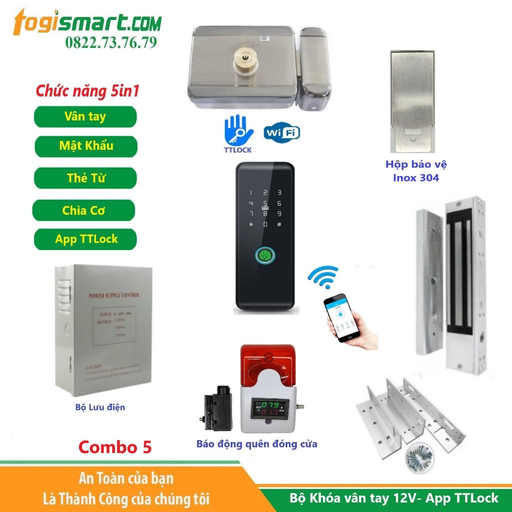 Bộ khóa cổng vân tay 12V_App TTLock, quản lý thêm/xóa user qua App, báo động quên đóng cửa, Access Control