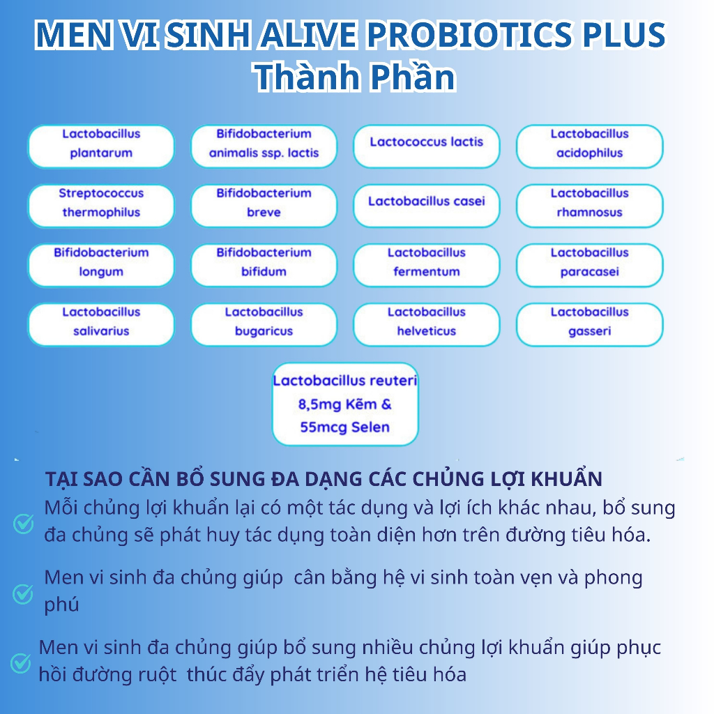 Men Vi Sinh Alive Probiotics Plus - Bổ Sung 17 Chủng Lợi Khuẩn, Kẽm, Selen Cải Thiện Rối Loạn Tiêu Hoá 30 Gói/Hộp