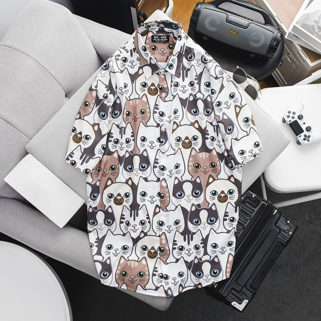 (Bigmen) Áo sơ mi tay ngắn họa tiết con mèo unisex bigsize nam cỡ đại 140kg