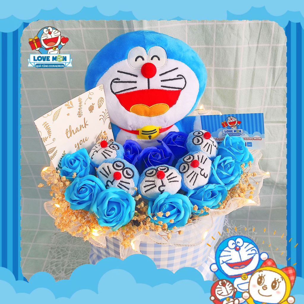 (TẶNG KÈM 1 THIỆP) BÓ HOA GẤU BÔNG HANDMADE DORAEMON CỰC XINH XẮN