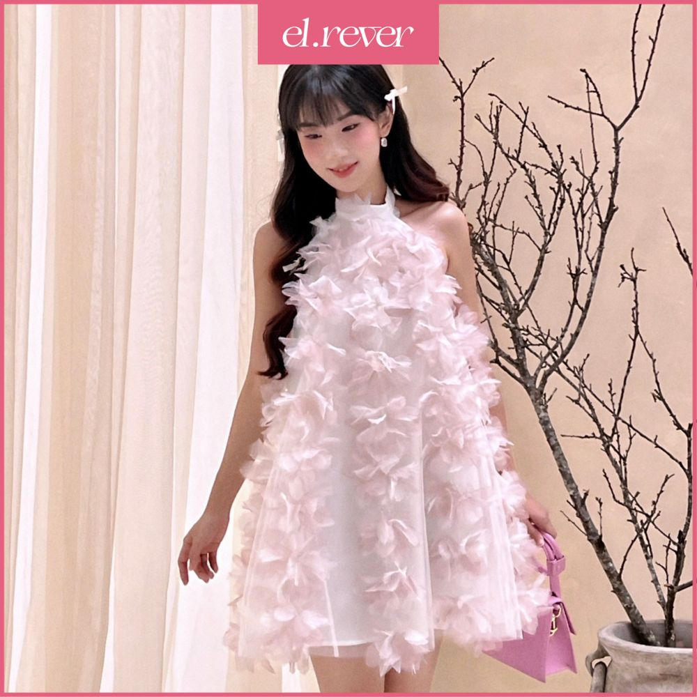 ELRÊVER - Đầm cổ yếm nữ họa tiết thắt nơ hoa linh lan - Màu xám - 0623D69