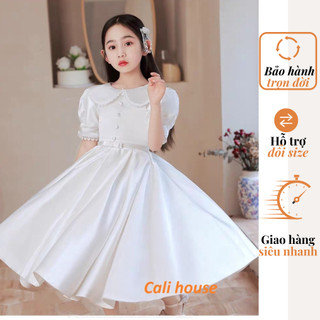 Đầm váy công chúa cho bé gái, váy trắng, dáng xòe, kiểu dáng váy thiết kế cho bé gái cổ sen ren trang trí.