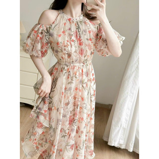 Đầm thời trang nữ mặc đi chơi, cổ yếm tay búp ngắn chất vải voan hoa chiffon váy dà xoè bo chun eo y hình,