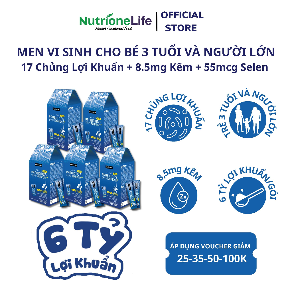 Combo 5 Hộp Men Vi Sinh Alive Probiotics PLus 17 Chủng, Kẽm,Selen Cải Thiện Tiêu Chảy, Táo Bón,Rối Loạn Tiêu Hóa 2g/Gói