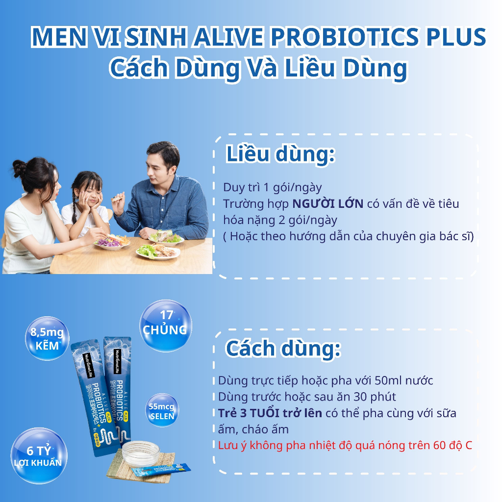 Combo 10 Gói Men Vi Sinh Alive Probiotics Plus 17 Chủng, Kẽm,Selen Cải Thiện Tiêu Chảy, Táo Bón,Rối Loạn Tiêu Hóa 2g/Gói