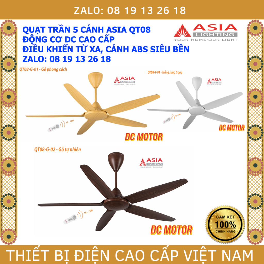 Quạt trần Asia QT08, động cơ DC cao cấp, 5 cánh ABS siêu bền, điều khiển từ xa, nhiều màu sắc