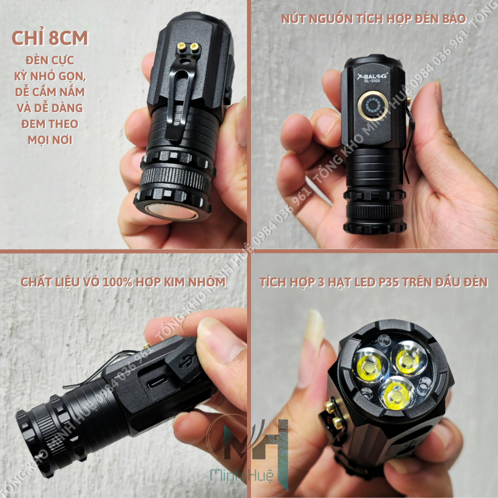 Đèn pin cầm tay mini siêu nhỏ siêu sáng tỏa X-BALOG 350X vỏ nhôm chống nước IPX7 độ sáng tối đa 2000 lumen Đèn cầm tay