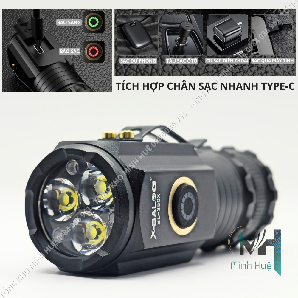Đèn pin cầm tay mini siêu nhỏ siêu sáng tỏa X-BALOG 350X vỏ nhôm chống nước IPX7 độ sáng tối đa 2000 lumen Đèn cầm tay
