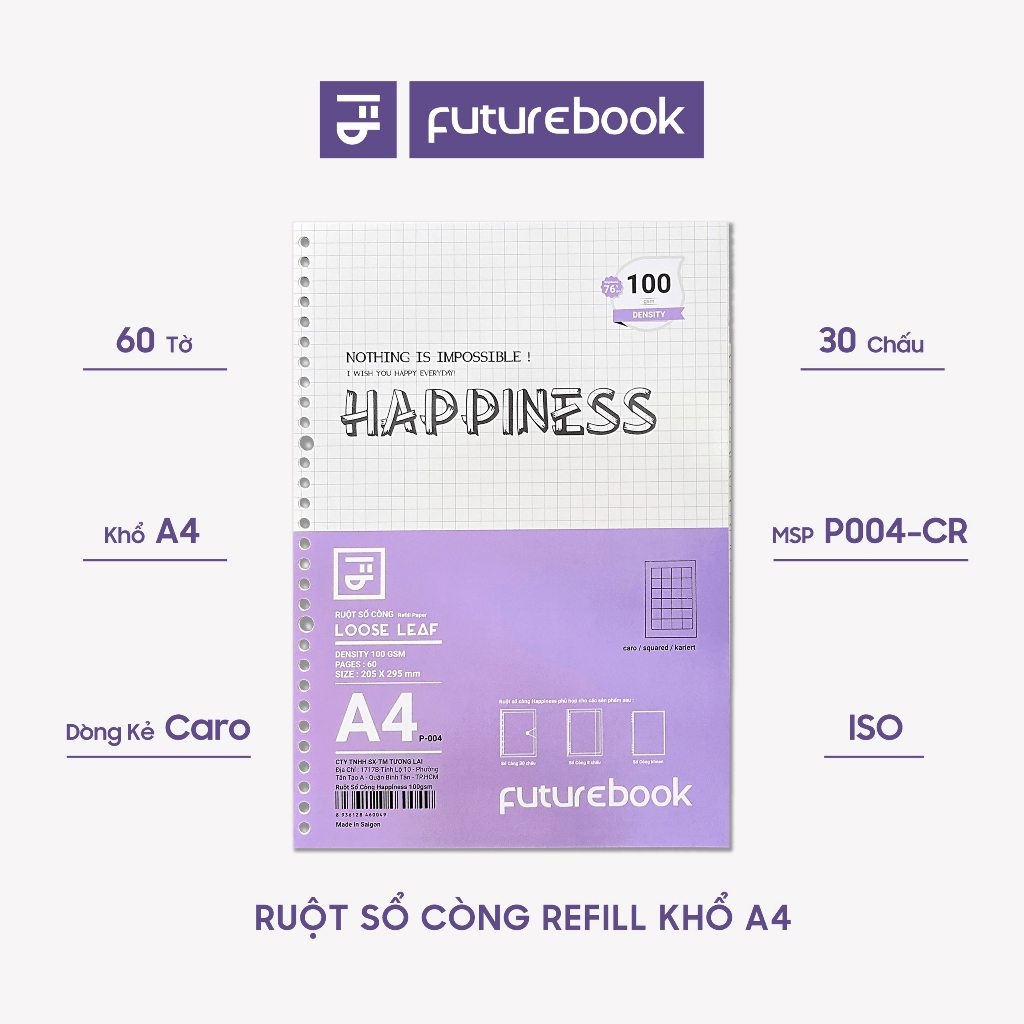 Giấy Refill ruột Sổ còng Binder Happiness A4 30 lỗ dòng kẻ caro kẻ ngang, làm sổ tay Planner, văn phòng phẩm FUTUREBOOK