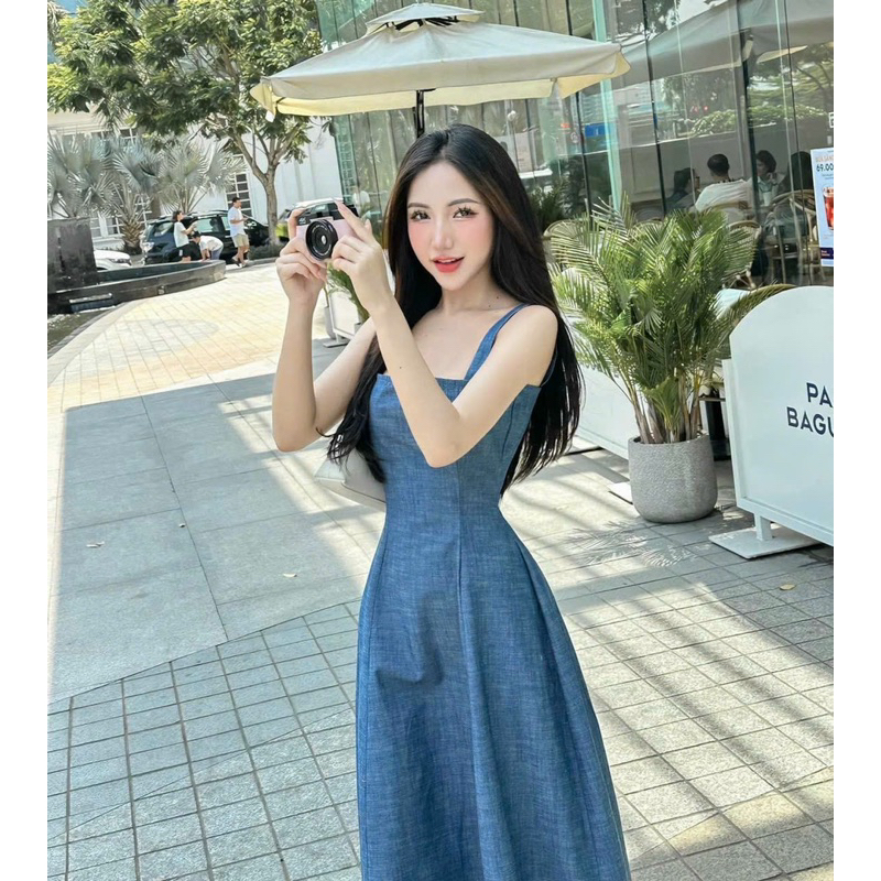 Đầm 2 dây thời trang nữ mặc đi chơi xinh xắn chất vải jean dáng váy dài xoè