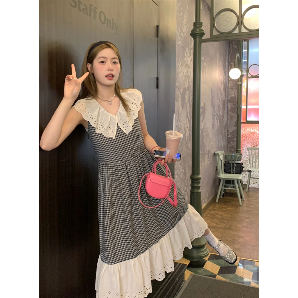 Váy đầm babydoll dáng dài kẻ caro viền ren cổ chữ V ngọt ngào kiểu Pháp