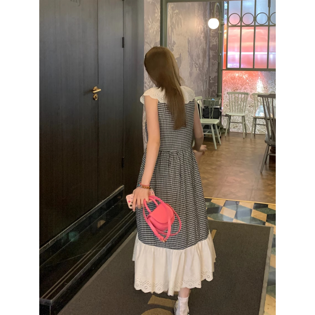 Váy đầm babydoll dáng dài kẻ caro viền ren cổ chữ V ngọt ngào kiểu Pháp