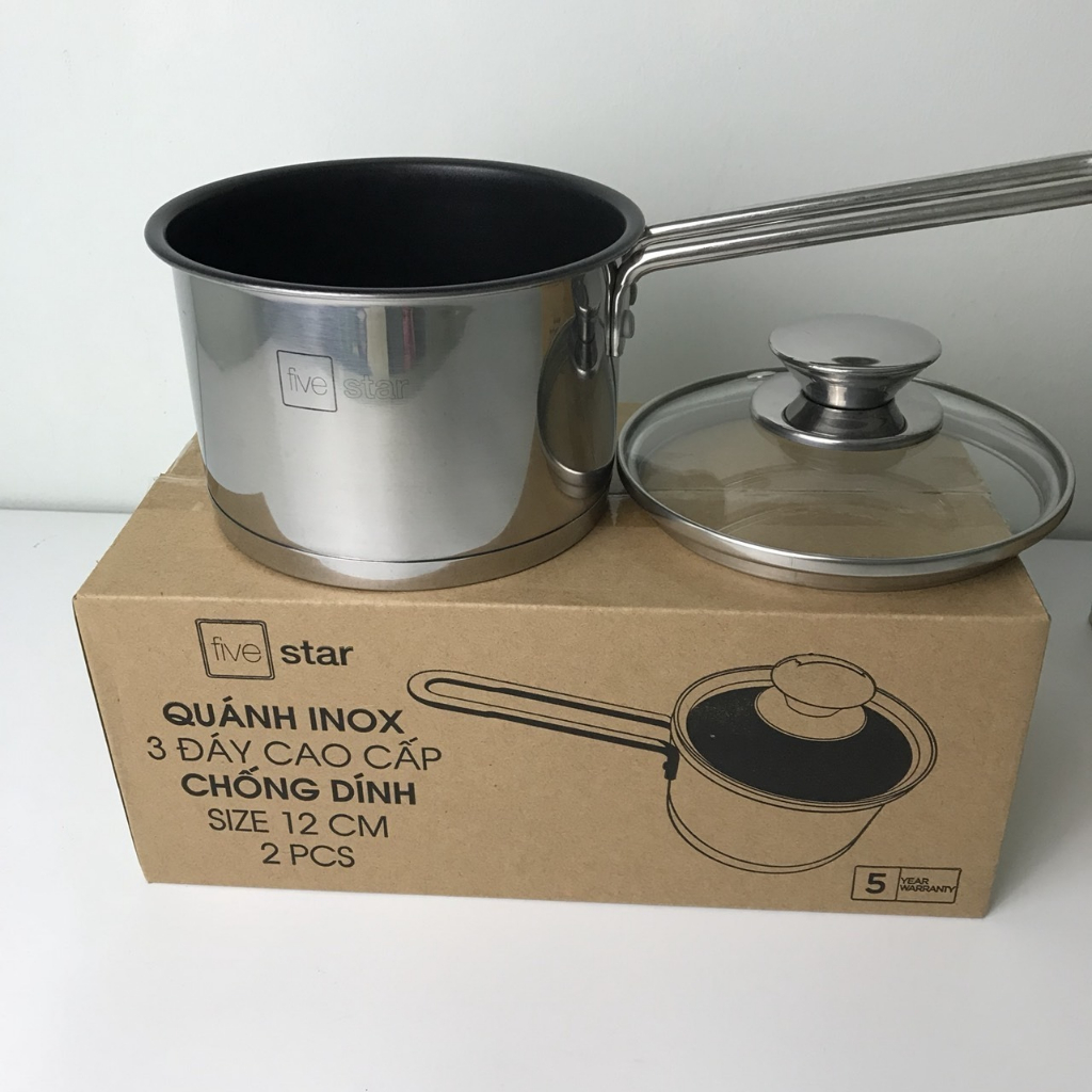 Nồi Inox nấu bột em bé FiveStar 3 Đáy bếp từ nắp kính 12cm