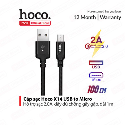 Dây sạc nhanh Usb to Micro Hoco X14/X89 hỗ trợ sạc 2A/1.7A dây dù chống gãy gập , dài 1m/2m