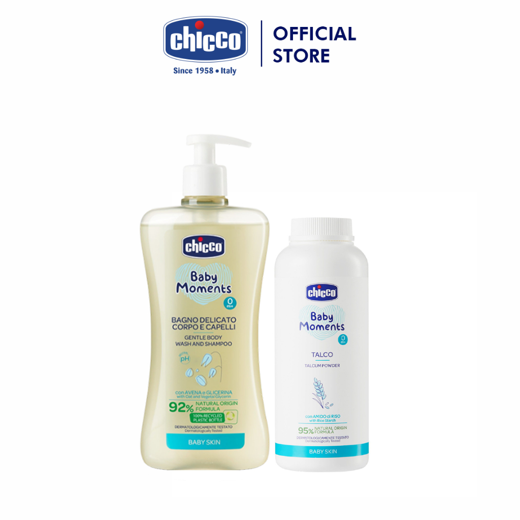 Combo Sữa tắm gội chiết xuất Yến mạch 0M+ Chicco 500ml + Phấn rôm tinh bột Gạo Chicco (mới)