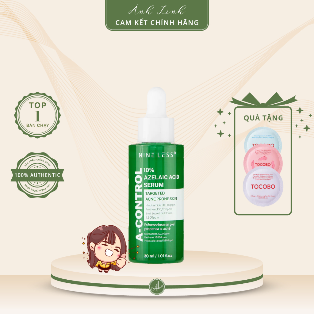 Tinh chất dưỡng da, giảm mụn thâm NINE LESS A-Control 10% Azelaic Acid Serum 30ml