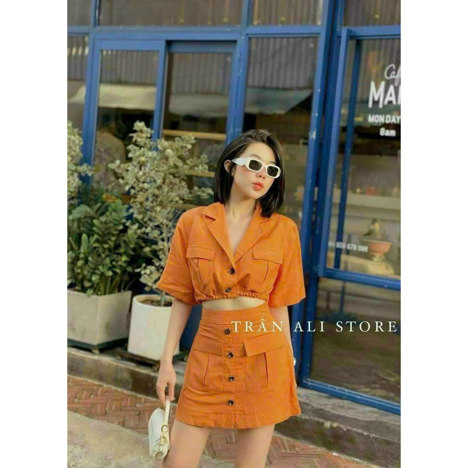Set váy nữ áo kiểu vest croptop kết dây nắp túi phối nút kết hợp chân váy mini xòe cực xinh lung linh, mặc đi tiệc sang