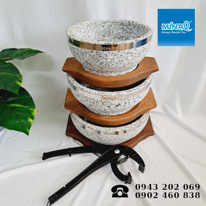 Bộ Tô đá, Thố đá giữ nhiệt, Tô đá ăn phở, Bát đá nóng Hàn Quốc, viền inox 16cm/18cm/20cm tặng kèm Đế gỗ