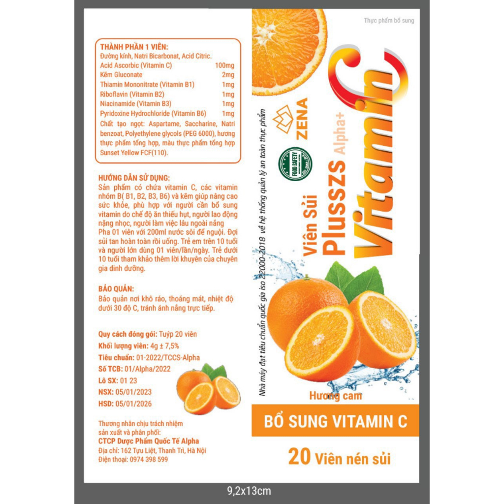 Viên uống Vitamin C sủi các vị bổ sung các vitamin tăng sức đề kháng, giảm mệt mỏi tuýp 20 viên