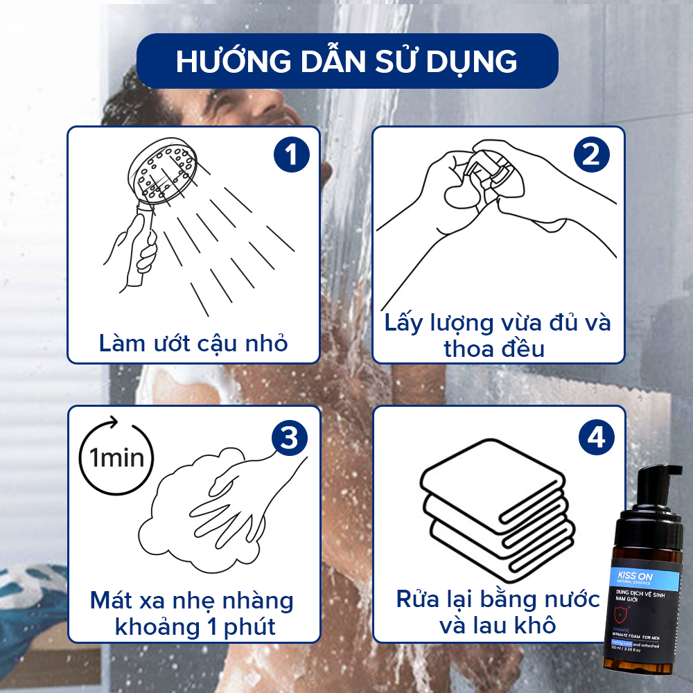 Dung dịch vệ sinh nam giới tạo bọt KissOn 100ml, ddvs bạc hà tươi mát giúp làm sạch sâu, diệt khuẩn, khử mùi 24h