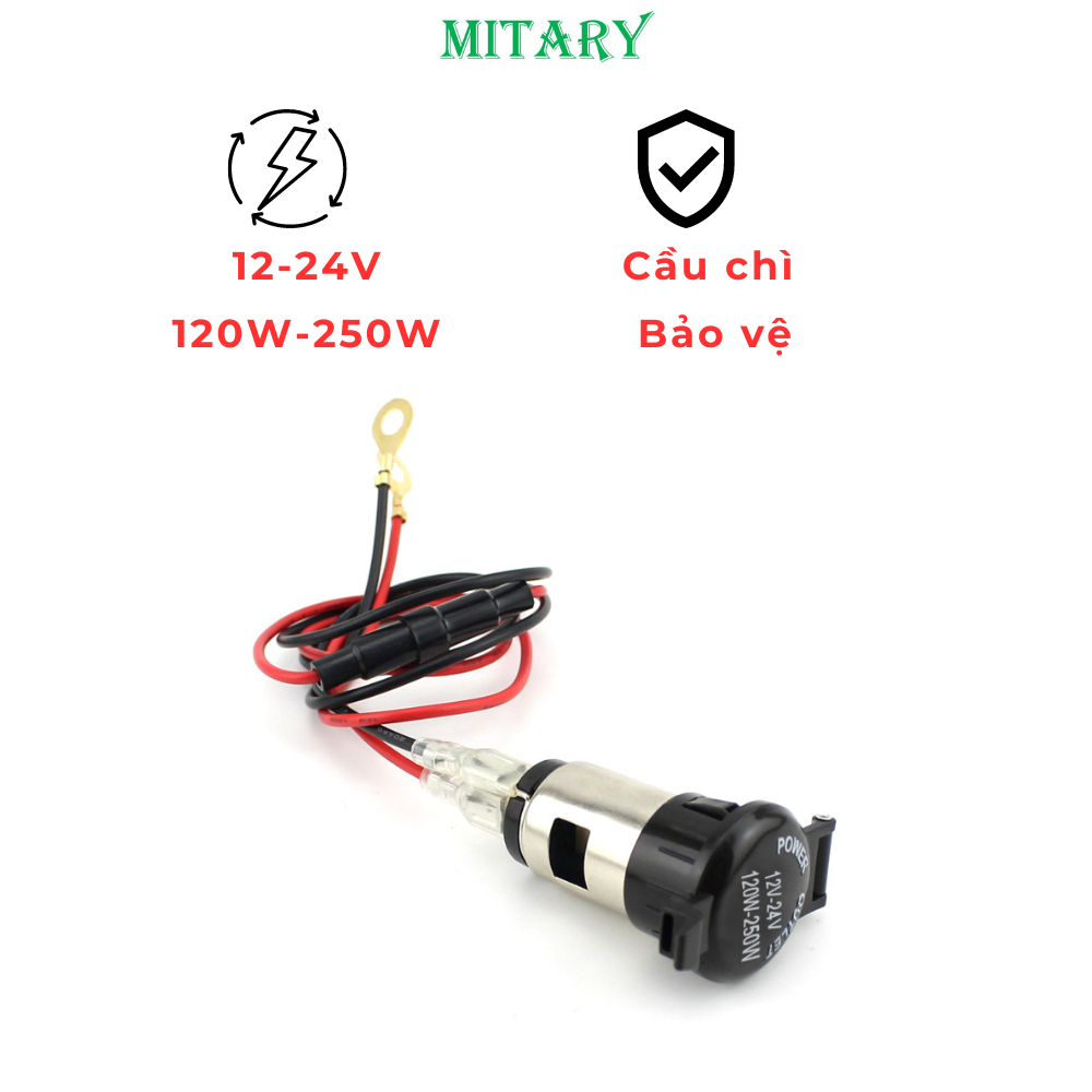 Đầu cắm nguồn tẩu sạc xe máy 12-24V (120-250W) có dây và cầu chì đi kèm