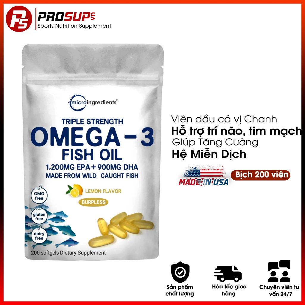 Viên Uống Dầu Cá Micro Ingredients Omega 3 Fish Oil, Vị Chanh  - Hỗ trợ trí não, sức khoẻ tim mạch cao cấp