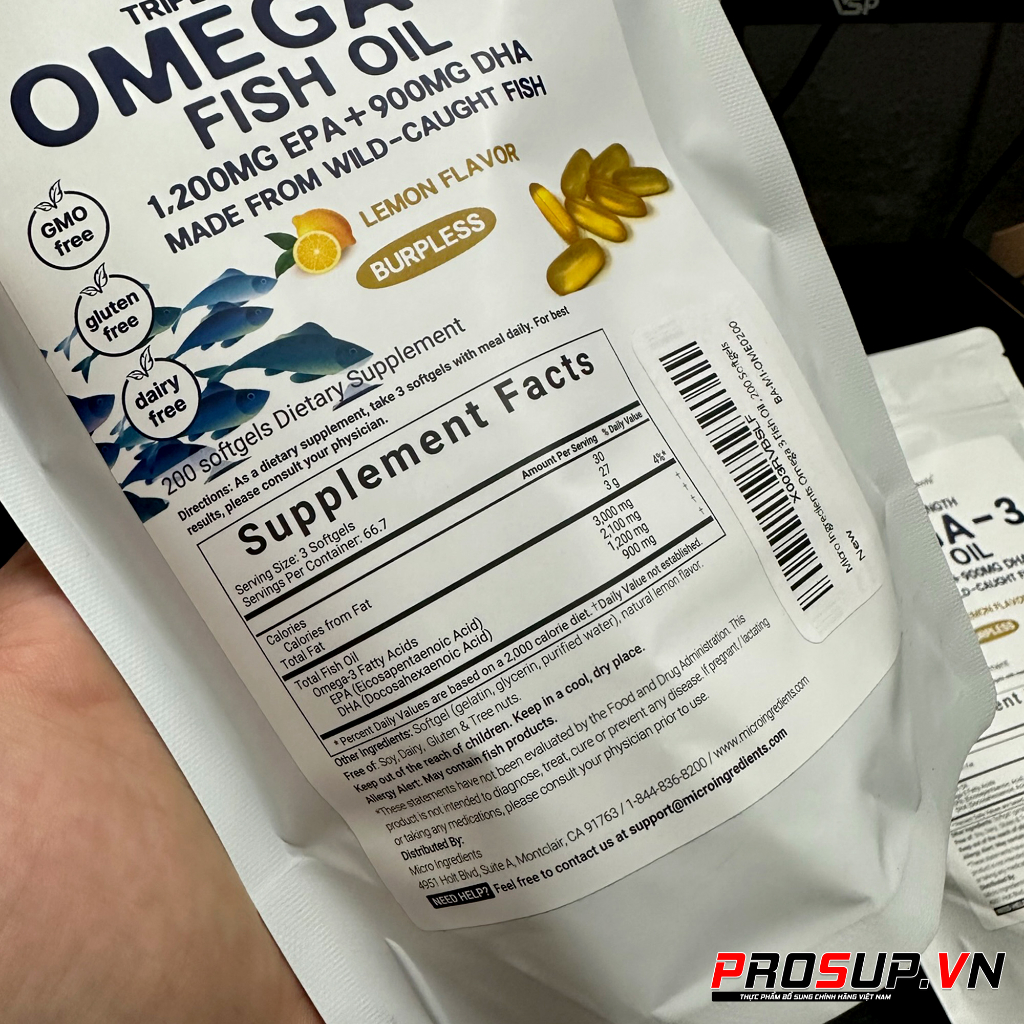 Viên Uống Dầu Cá Micro Ingredients Omega 3 Fish Oil, Vị Chanh  - Hỗ trợ trí não, sức khoẻ tim mạch cao cấp