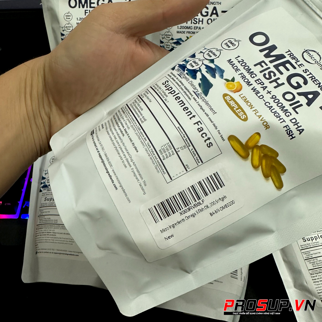 Viên Uống Dầu Cá Micro Ingredients Omega 3 Fish Oil, Vị Chanh  - Hỗ trợ trí não, sức khoẻ tim mạch cao cấp