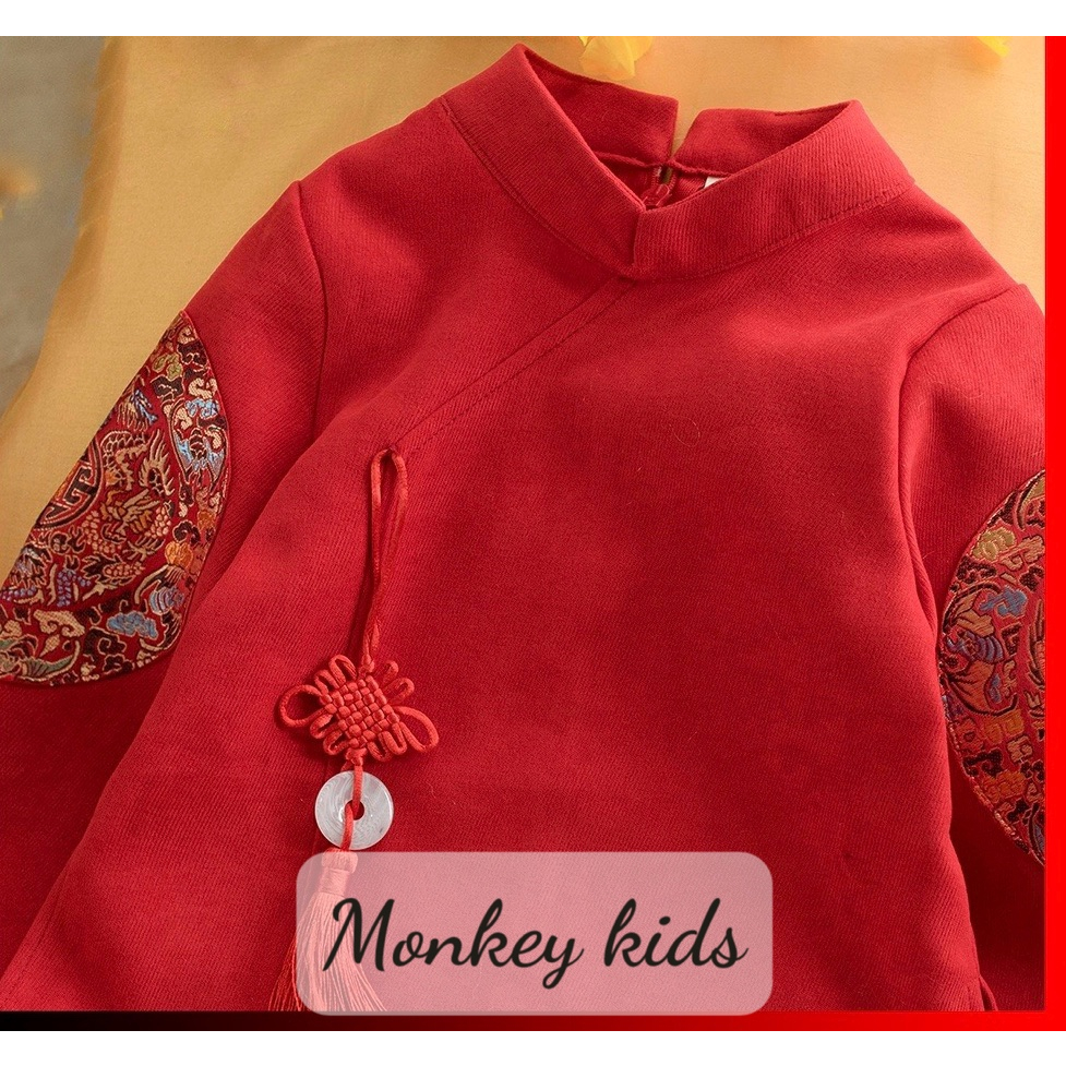Áo dài cách tân bé trai áo ốp tay chất liệu nhung tăm, đủ size, áo dài diện Tết cho bé trai _ Monkey kids