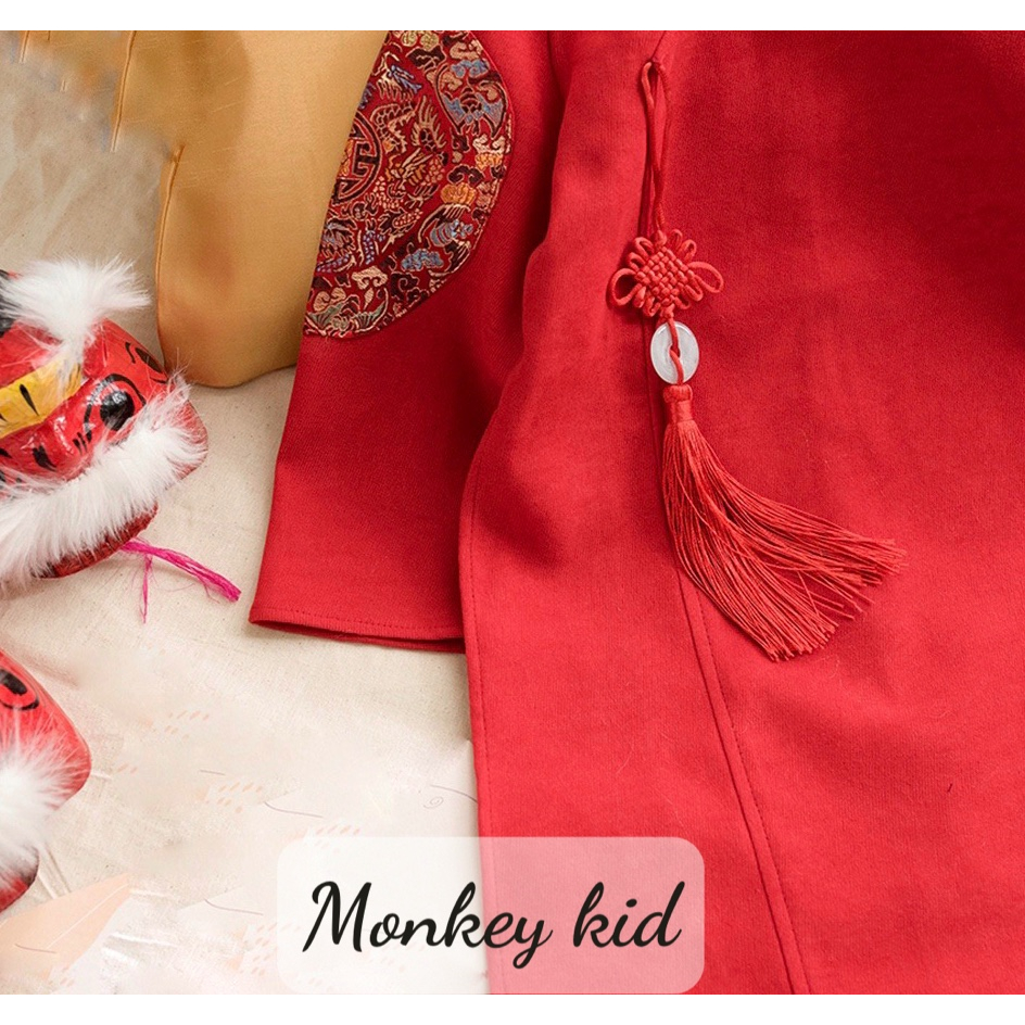 Áo dài cách tân bé trai áo ốp tay chất liệu nhung tăm, đủ size, áo dài diện Tết cho bé trai _ Monkey kids