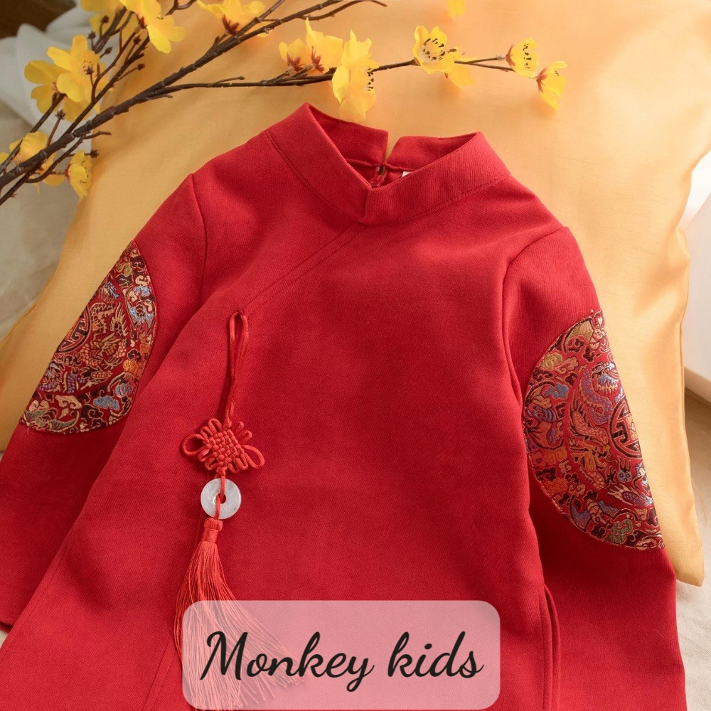 Áo dài cách tân bé trai áo ốp tay chất liệu nhung tăm, đủ size, áo dài diện Tết cho bé trai _ Monkey kids