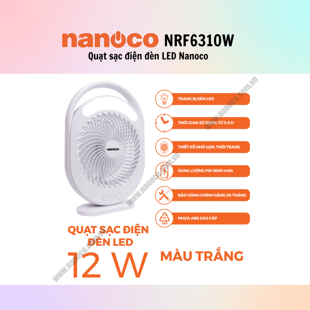 Quạt sạc tích điện Nanoco có đèn LED NRF6310W/P/B - 100% chính hãng