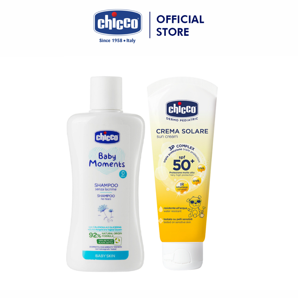 Combo Sữa tắm gội chiết xuất Hoa cúc 0M+ Chicco 200ml + Kem chống nắng 3 tác động SPF 50+ Chicco (mới)