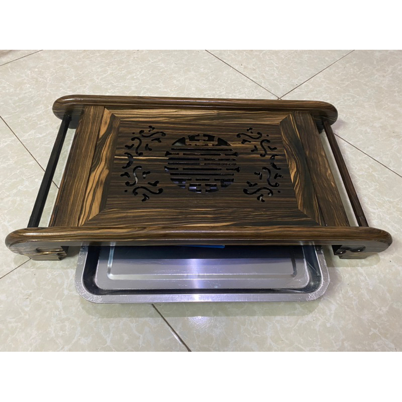 Khay trà ấm chén chân cuốn gỗ mun hoa