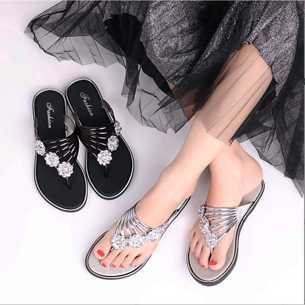 (HCM) Dép Kẹp Nữ Đế Bệt Gắn Hoa Đá Thời Trang Đi Biển