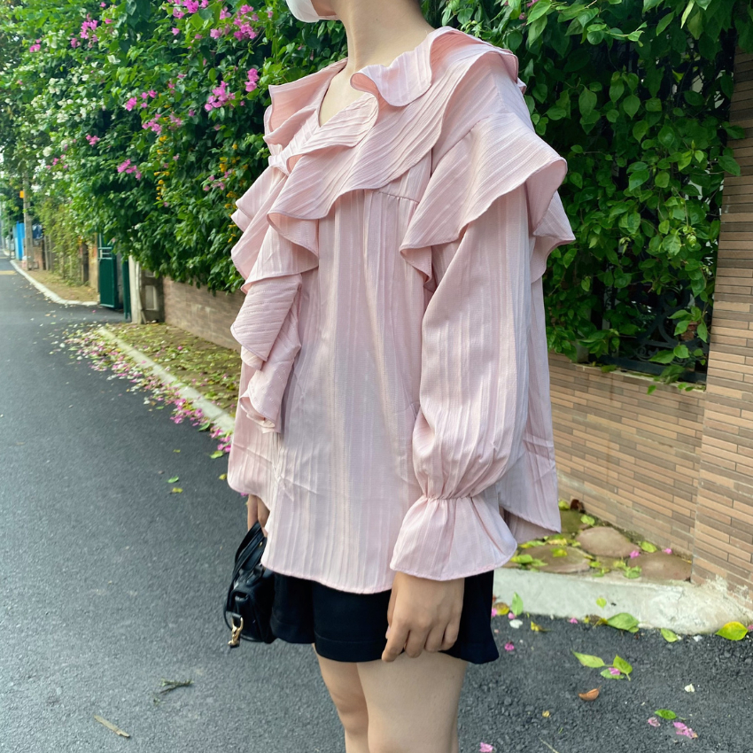 Áo sơ mi nữ babydoll,áo bèo chất liệu đũi gân Liluta tay dài xinh xắn