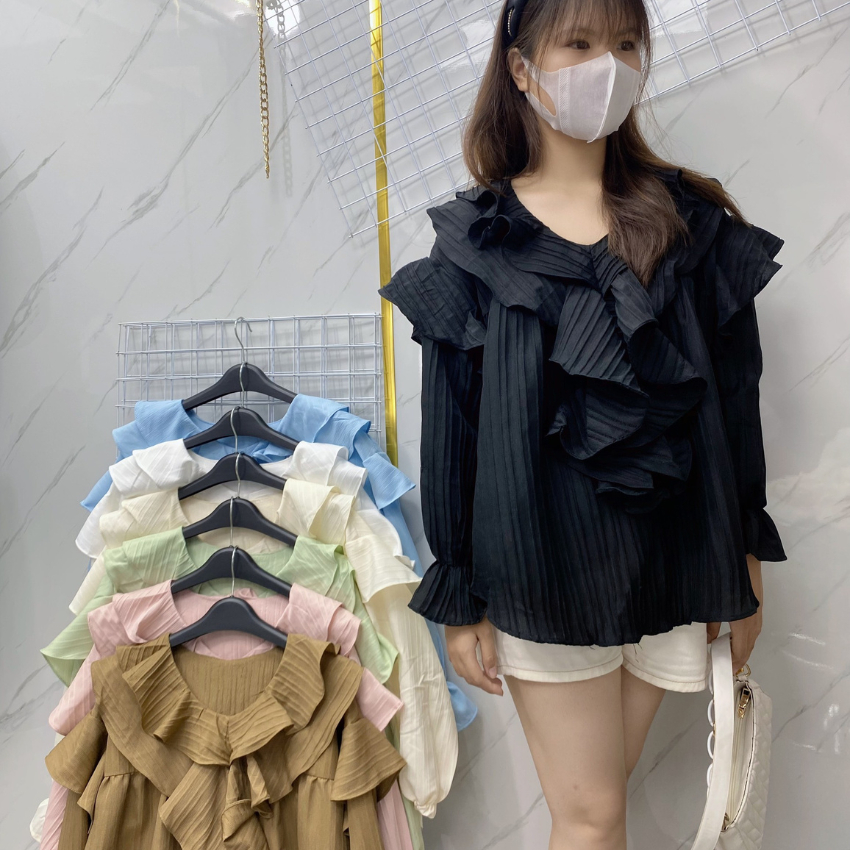 Áo sơ mi nữ babydoll,áo bèo chất liệu đũi gân Liluta tay dài xinh xắn
