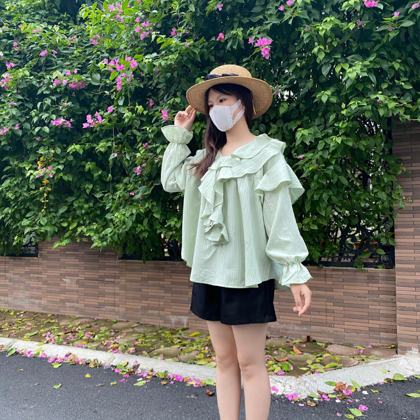 Áo sơ mi nữ babydoll,áo bèo chất liệu đũi gân Liluta tay dài xinh xắn
