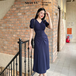 Đầm body dáng dài đi chơi Nhật Vy cổ tim tay ngắn nhún ngực chất thun ly tăm phù hợp dạo phố cafe - D2803