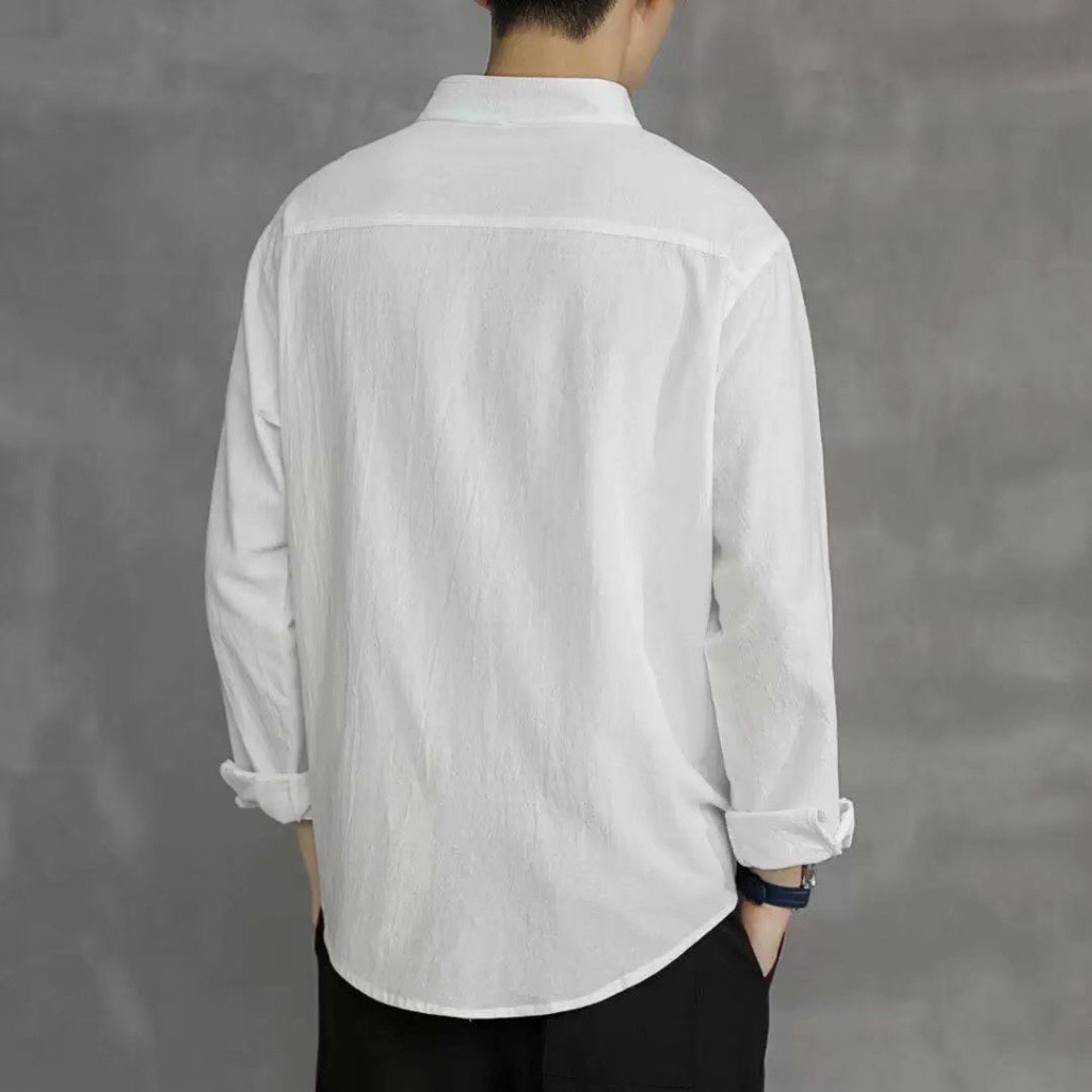 Áo sơ mi dài tay nam nữ cổ tàu chất vải đũi cao cấp