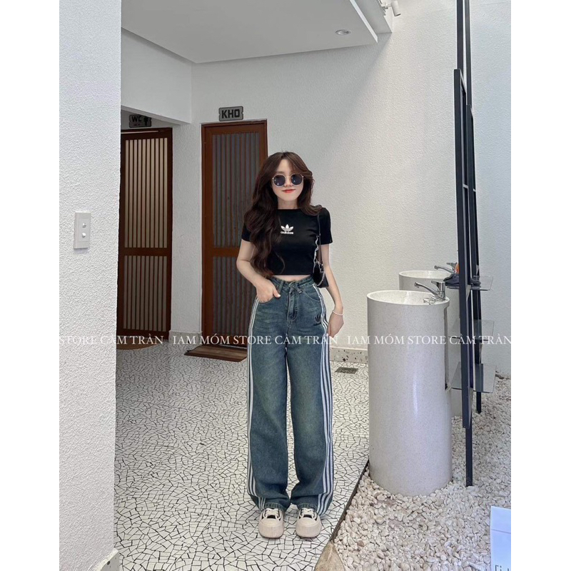 Quần Jeans bò nữ Dáng Suông 3 sọc kẻ viền A DI DAS hàng QC loại 1- hàng có sẵn ảnh thật