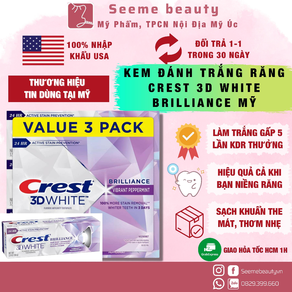 Kem đánh răng Crest 3D White Brilliance & Radiant Mint Peppermint 12H Improve Formula New SeeMe Beauty BF-01015