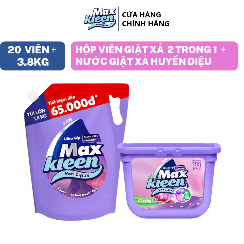 Combo Túi Nước Giặt Xả MaxKleen Huyền Diệu 3.8kg + Hộp Viên Giặt Xả Huyền Diệu (20 viên/hộp)