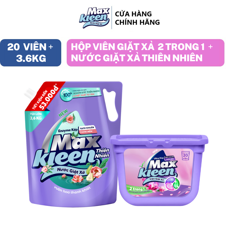 Combo Túi Nước Giặt Xả MaxKleen Thiên Nhiên 3.6kg + Hộp Viên Giặt Xả Huyền Diệu (20 viên/hộp)