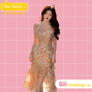 [ORDER,Ảnh thật] Váy hai dây đi biển bèo tầng hoa cam vạt xẻ phong cách tiểu thư bánh bèo phù hợp đi du lịch hè 2023
