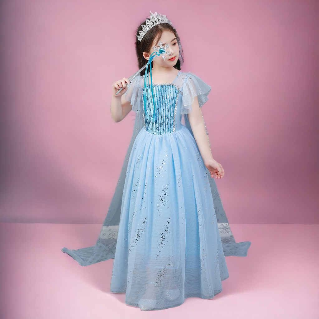 Đầm Elsa màu xanh - tà dài - mẫu mới siêu hot cho bé gái 3-9 tuổi
