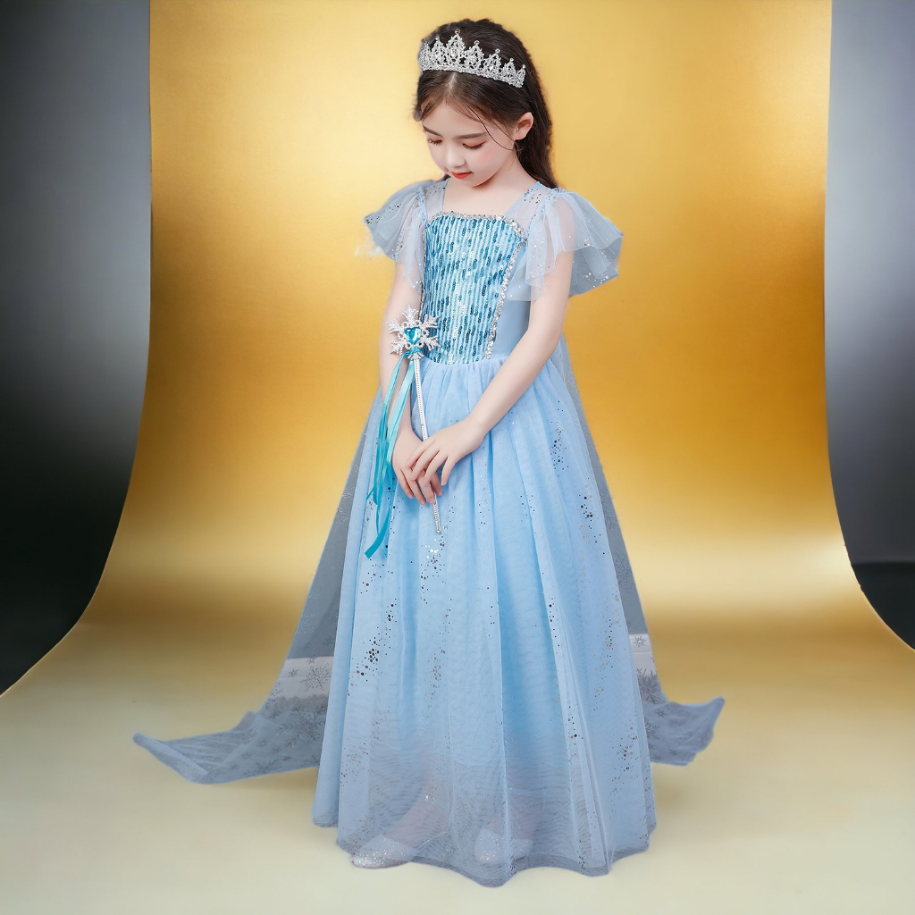Đầm Elsa màu xanh - tà dài - mẫu mới siêu hot cho bé gái 3-9 tuổi