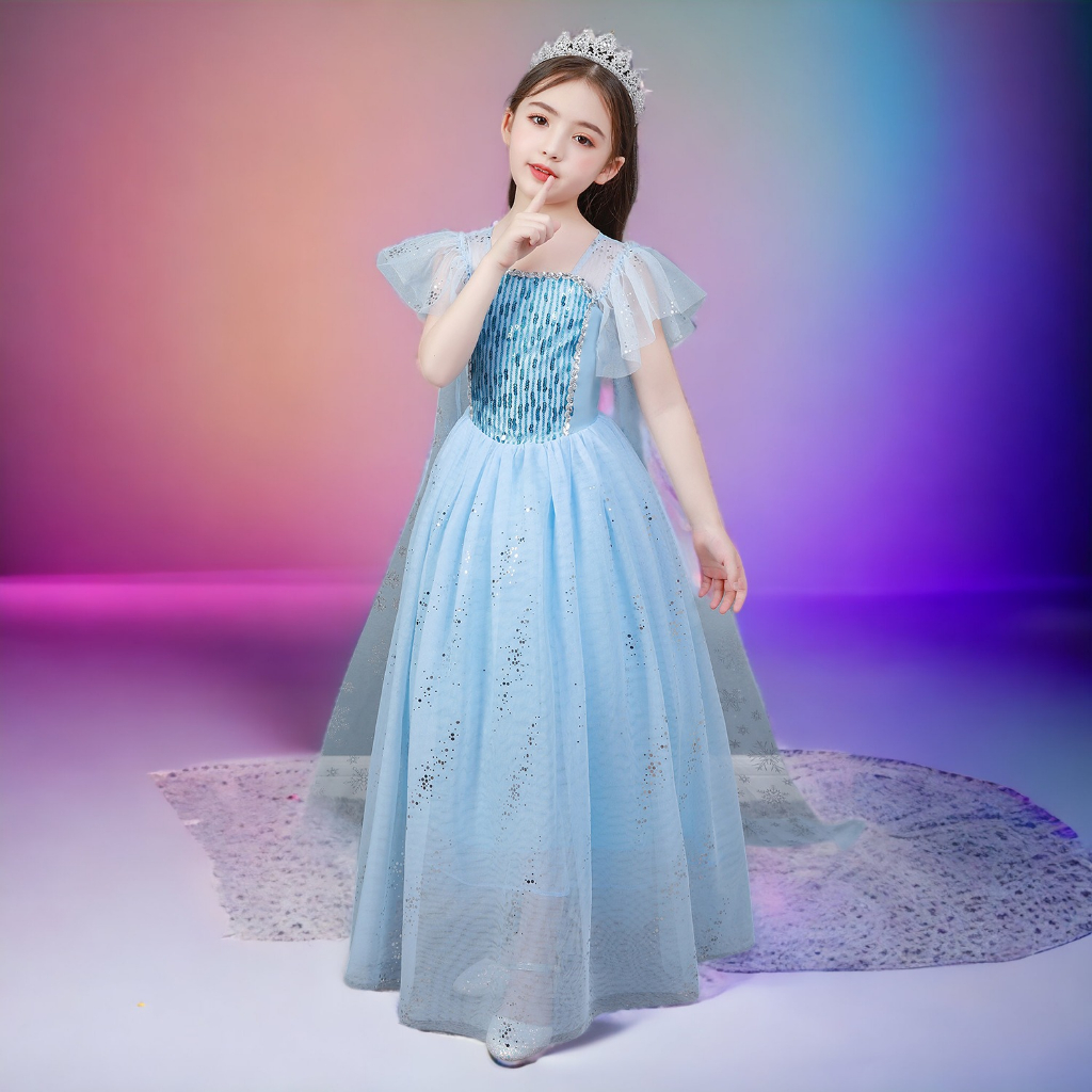 Đầm Elsa màu xanh - tà dài - mẫu mới siêu hot cho bé gái 3-9 tuổi