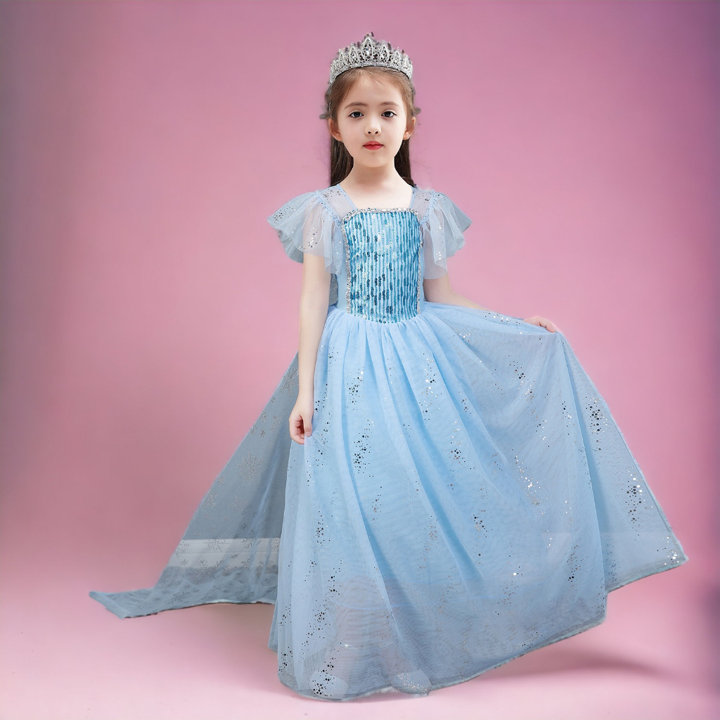 Đầm Elsa màu xanh - tà dài - mẫu mới siêu hot cho bé gái 3-9 tuổi
