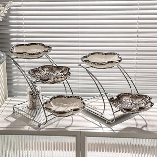 Khay sứ đựng bánh kẹo hoa quả 2 tầng 3 tầng viền hoa màu bạch kim kèm giá đỡ